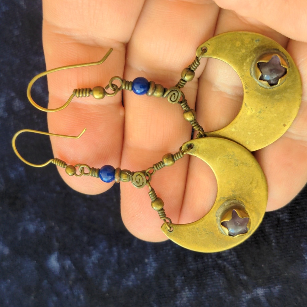 Vintage handmade exotic Crescent Moon earrings with natural amethyst stones